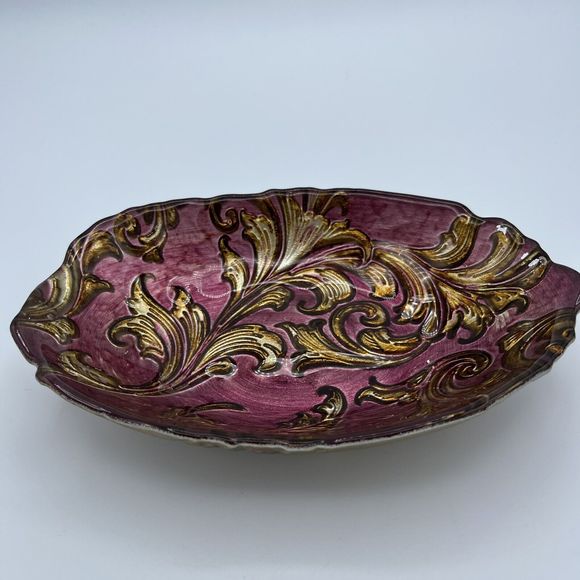Goofus Reverse Glass Candy Dish Nut Bowl Serving Plate Purple Gold Vintage Decor - Picture 1 of 13